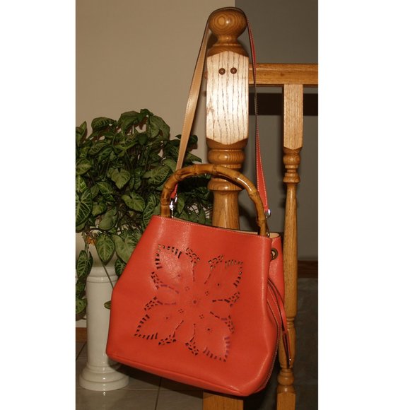 Orange Shoulder Strap Bag with Bamboo Handle - Made in Italy - Picture 2 of 11